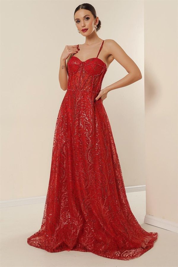 By Saygı От Saygı въже ремъци топчета подробни облицовани пайети и блясък банелни дълга рокля червено