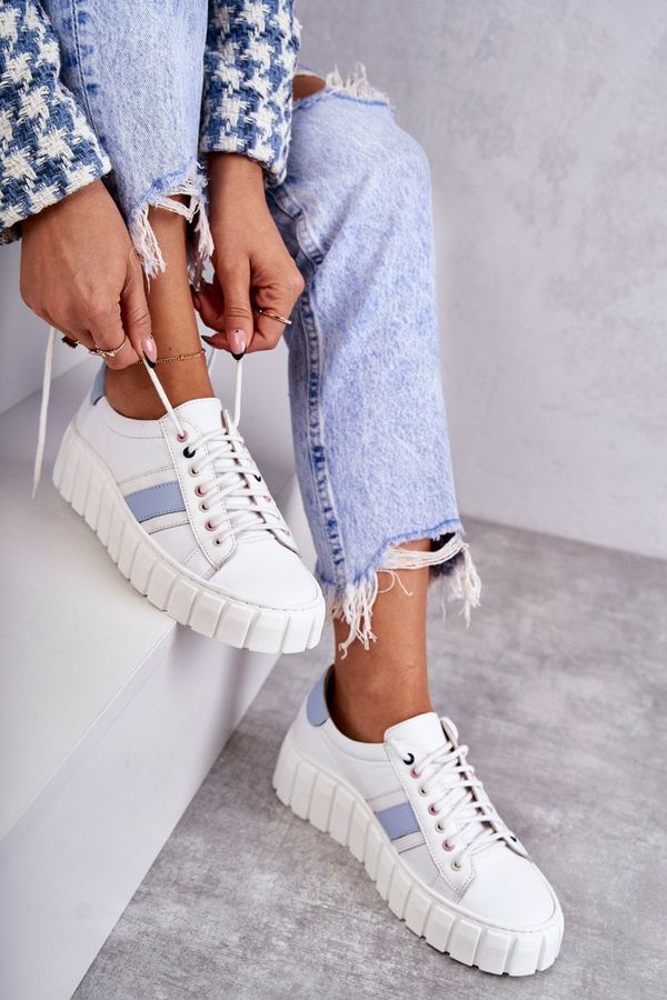 PA2 PA2 Дамски спортни кожени обувки с връзки бяло и синьо Ariva