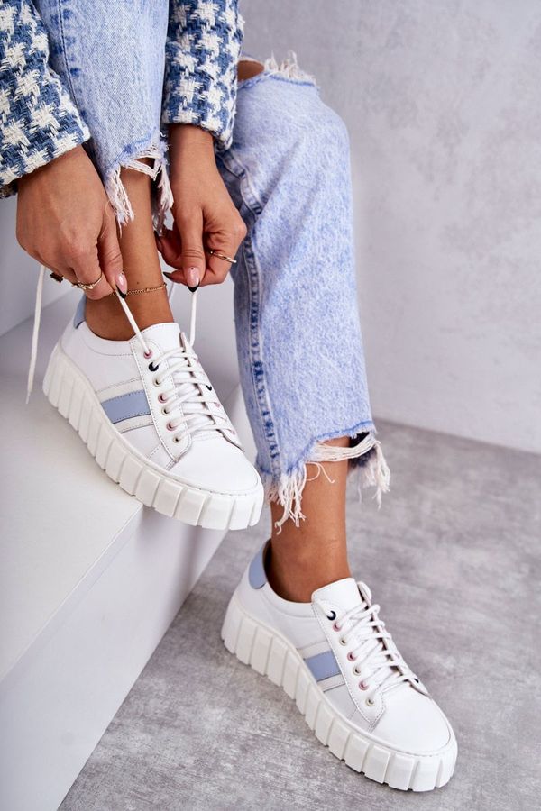 PA2 PA2 Дамски спортни кожени обувки с връзки бяло и синьо Ariva