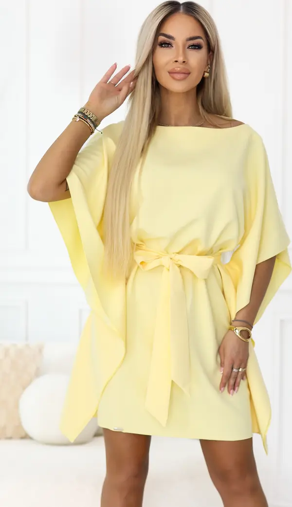 NUMOCO Пастелно лимонена мини рокля с колан и завързване