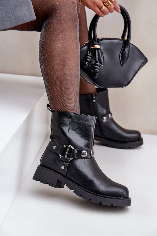 PE1 PE1 Ботуши На Плосък Ток С Ушити Ленти Черни Фелилания