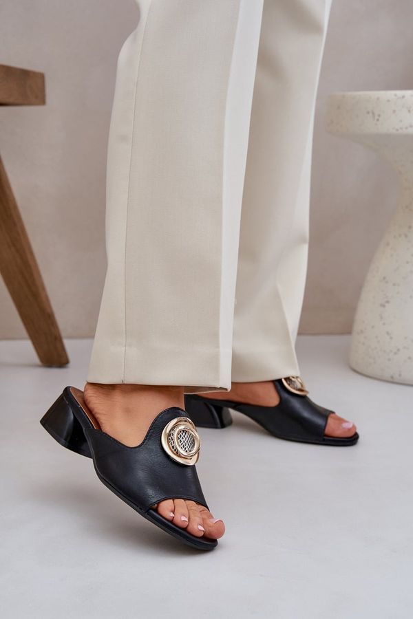 PE2 PE2 Елегантни Дамски Сандали На Нисък Ток С Декорация Черни Feledis