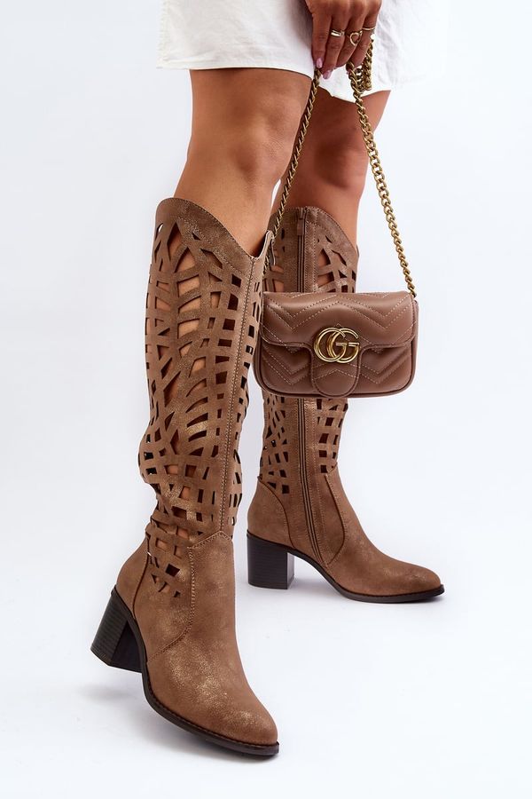 PE2 PE2 Кафяви дантелени ботуши с ток Pinkema