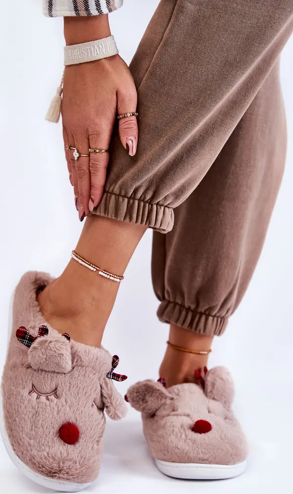 Boto PG4 Дамски коледни кожени чехли с елени бежови Claire