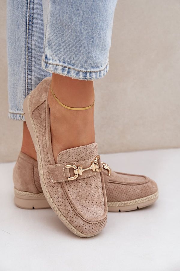 PH2 PH2 Перфорирани Мокасини С Златен Детайл И Юта Плетка Бежови Лайнер