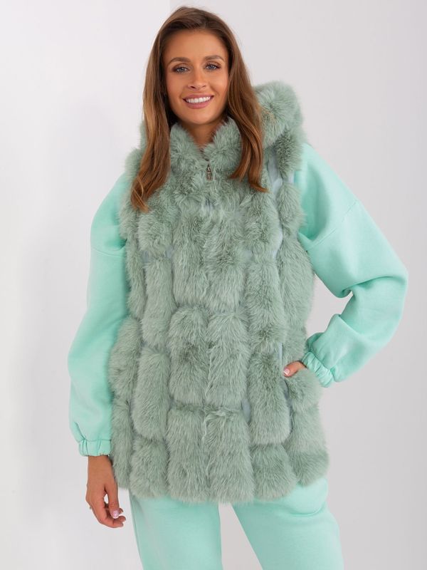Fashionhunters Pistachio fur vest with zipper and hood