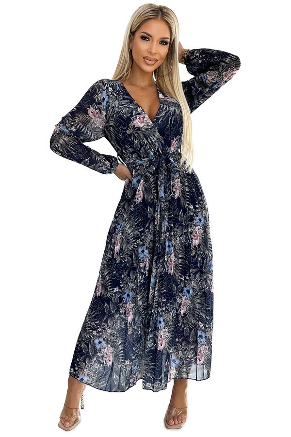 NUMOCO Pleated chiffon long dress with a neckline, long sleeves and Numoco belt