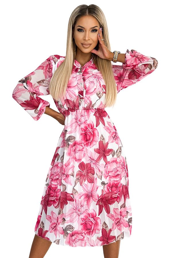 NUMOCO Pleated midi dress with buttons and long sleeves Numoco