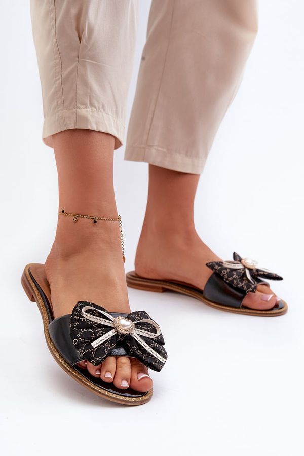 Laura Messi Плоски дамски кожени чехли с панделка Laura Messi 2791 Черни