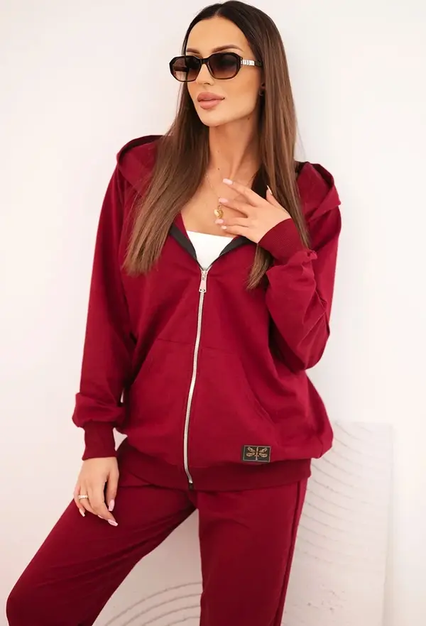 Polski Polski Women's cotton set with a hood and a zipper maroon