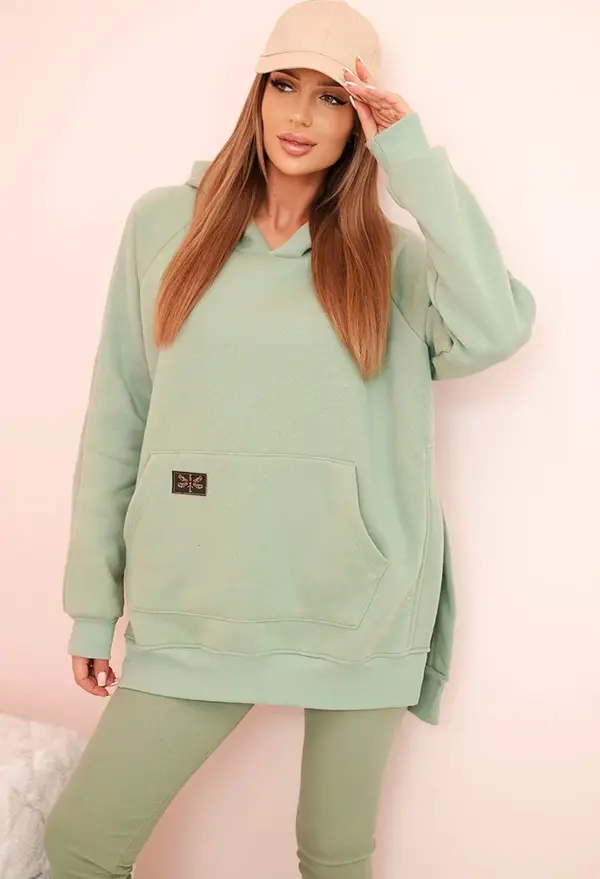 Polski Polski Women's cotton set with a hooded sweatshirt and high-waisted leggings dark mint