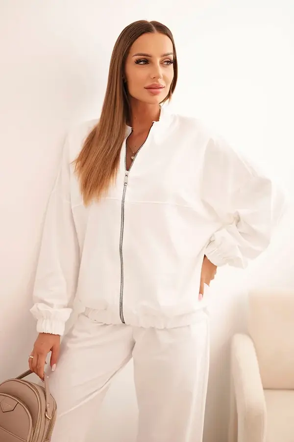 Polski Polski Women's cotton set with wide leg pants and zip-up hoodie ecru