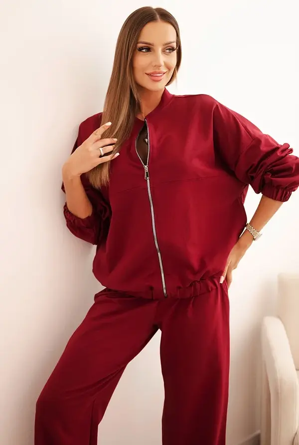 Polski Polski Women's cotton set with wide legs and zip-up hoodie burgundy
