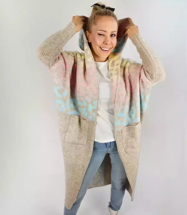Pri Pri Long cardigan colorful leopard sweater with wool