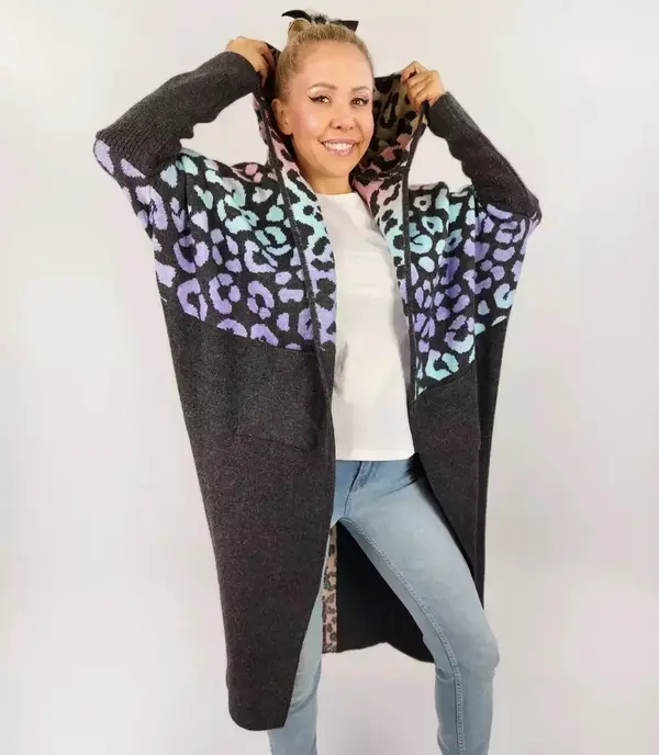 Pri Pri Long cardigan colorful leopard sweater with wool