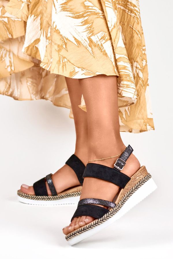 primohurt primohurt Czarne sandały damskie na niskiej koturnie