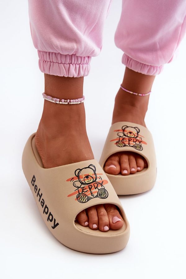 PS1 PS1 Леки дамски пързалки на дебела подметка с плюшено мече тъмно бежово Serefina