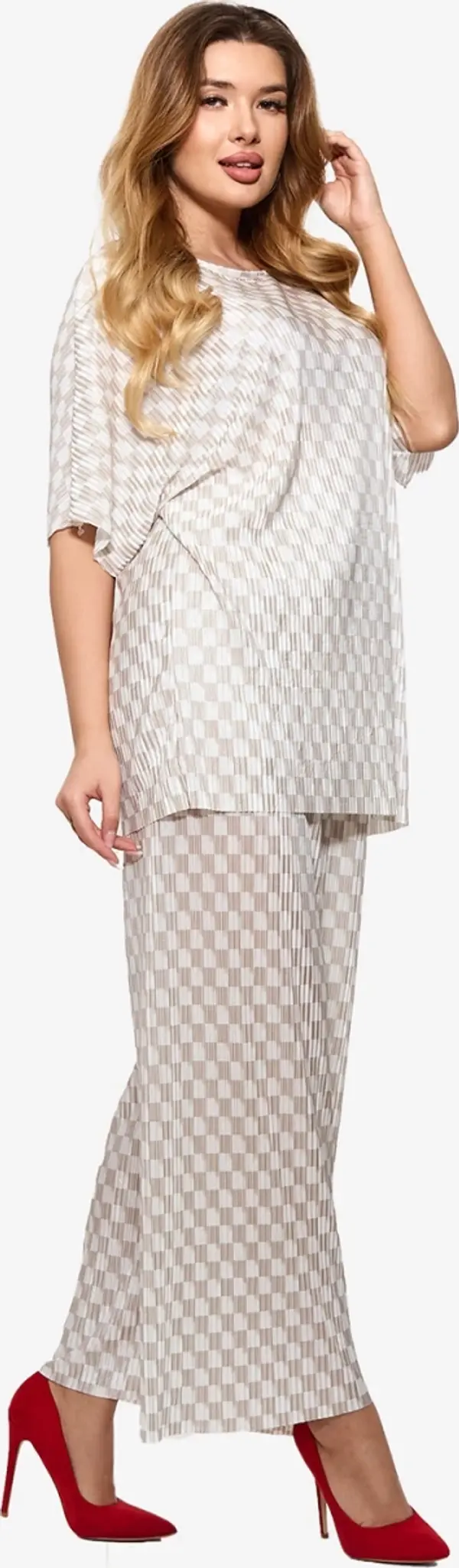 Resti Resti Beige women's pleated patterned set - Clothing