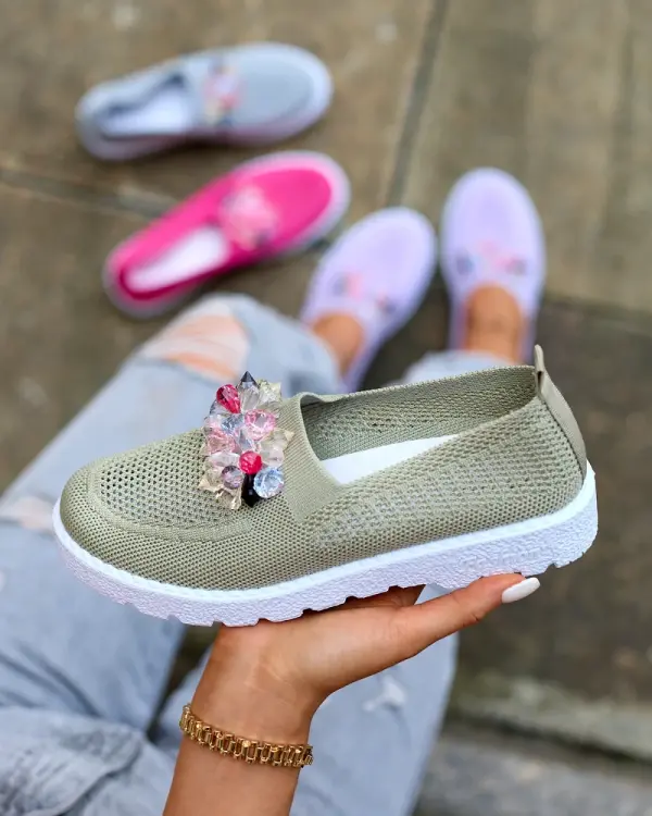 Resti Resti Khaki women's fabric moccasins with crystals Fezens