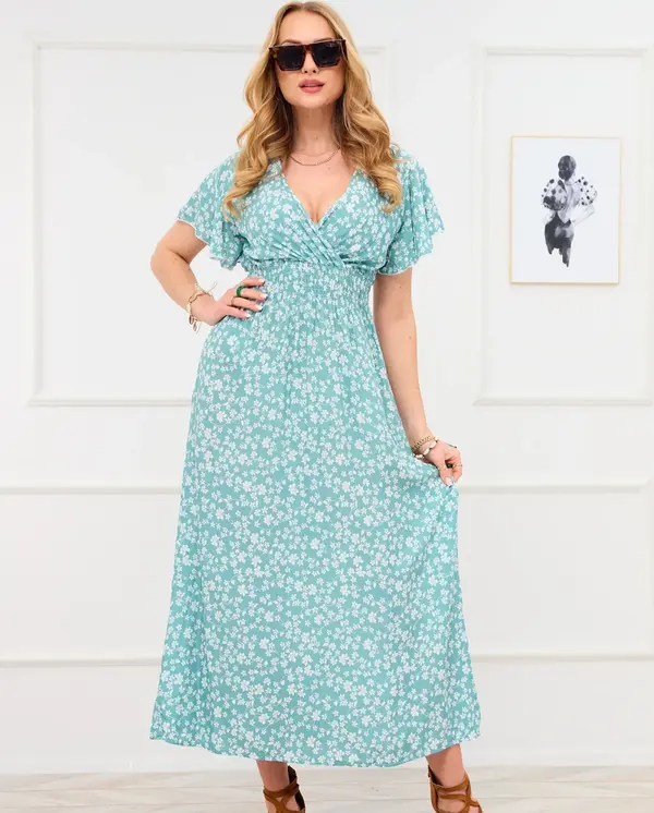 Resti Resti Long green women's dress with floral motif - Clothing