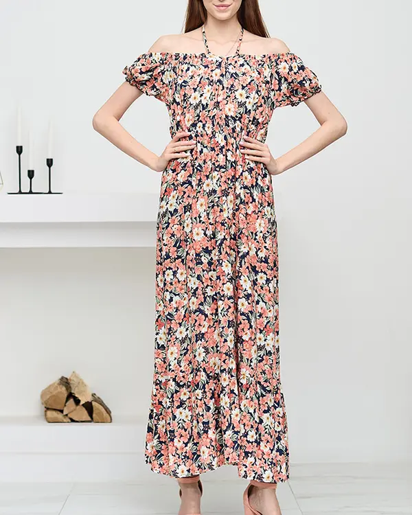 Resti Resti Long navy blue women's dress with coral flowers - Clothing