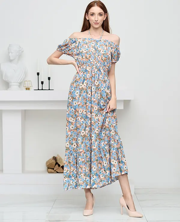 Resti Resti Long orange summer dress for women with blue flowers - Clothing