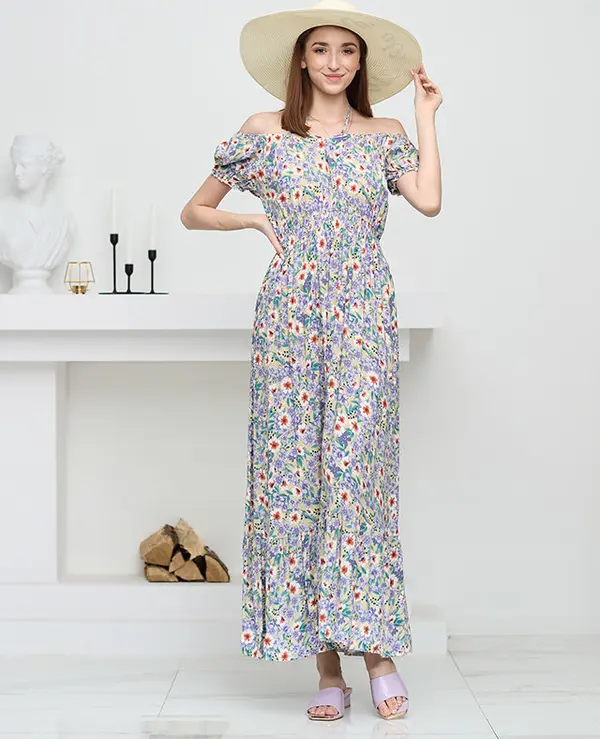 Resti Resti Long summer green dress for women with purple flowers - Clothing