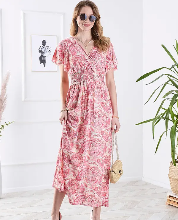 Resti Resti Patterned pink women's midi dress Clothing
