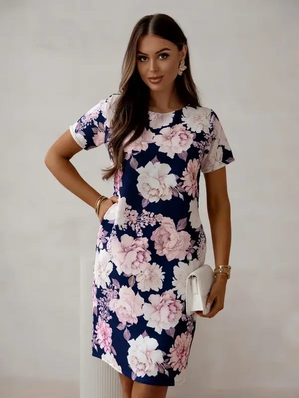 Resti Resti Simple knee-length women's dress with short sleeves featuring a floral pattern