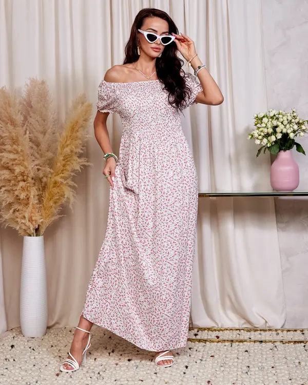 Resti Resti White and pink floral women's maxi dress a'la hiszpanka- Clothing