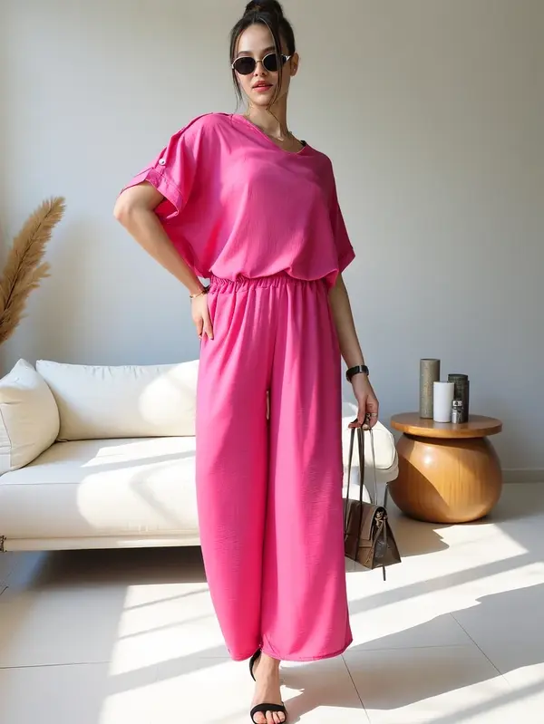 Resti Resti Women's casual set with a short-sleeve blouse and wide trousers