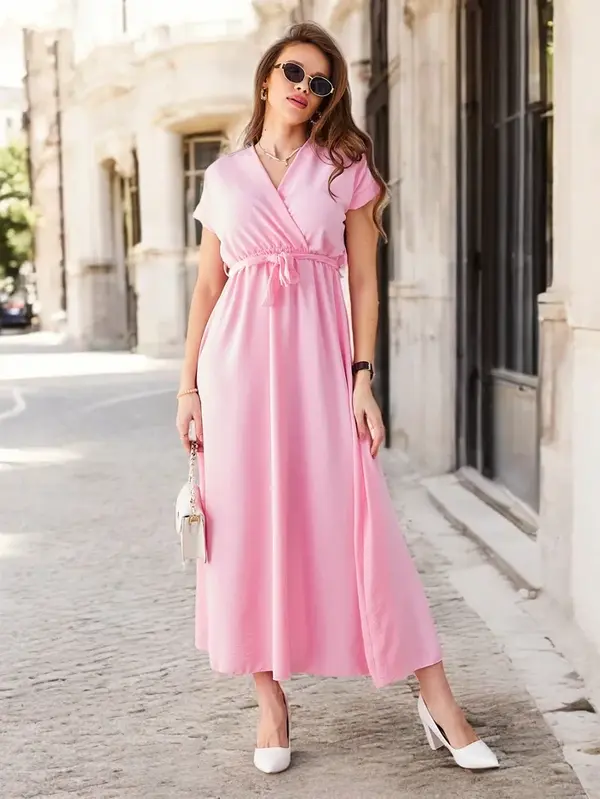 Resti Resti Women's midi dress with a wrap neckline, short sleeves, and a belt