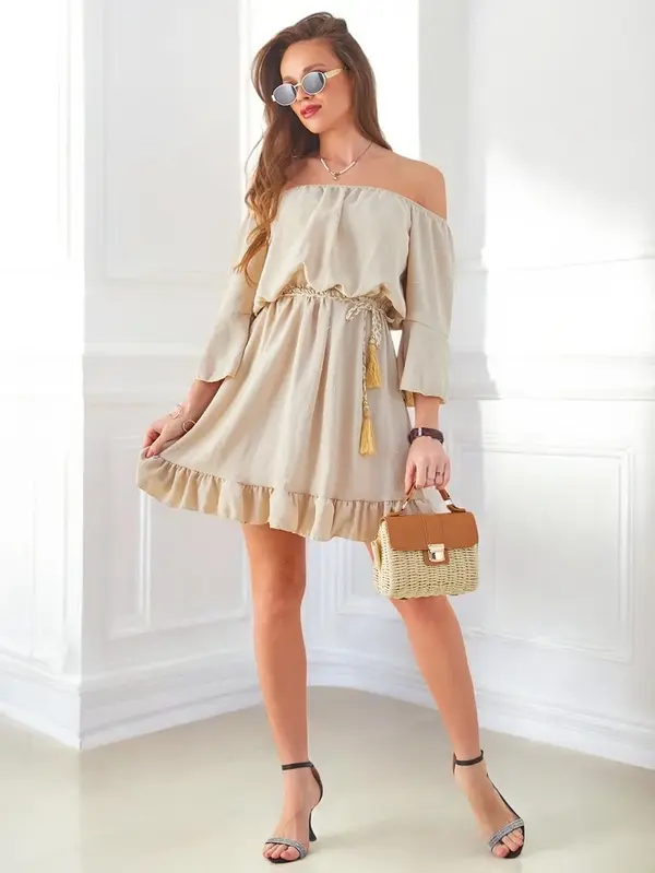 Resti Resti Women's mini dress off-the-shoulder with long sleeves and rhinestones