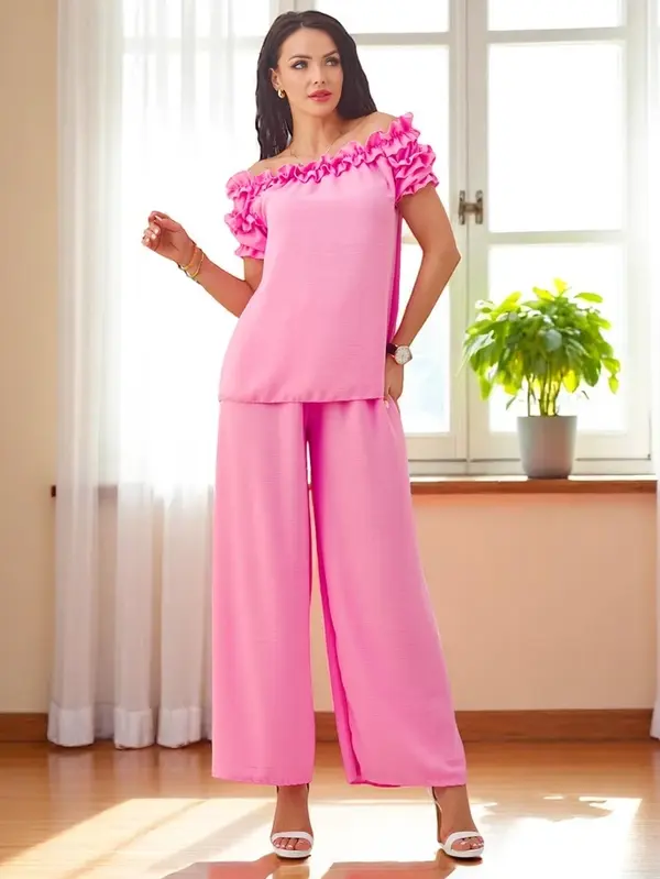 Resti Resti Women's set with an off-the-shoulder blouse with short sleeves and decorative neckline, and flared pants