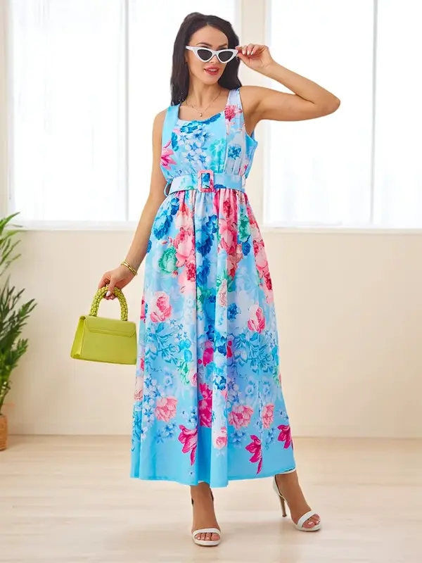 Resti Resti Women's viscose midi dress with straps, featuring a belt in various floral patterns
