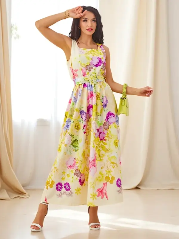 Resti Resti Women's viscose midi dress with straps, featuring a belt in various floral prints