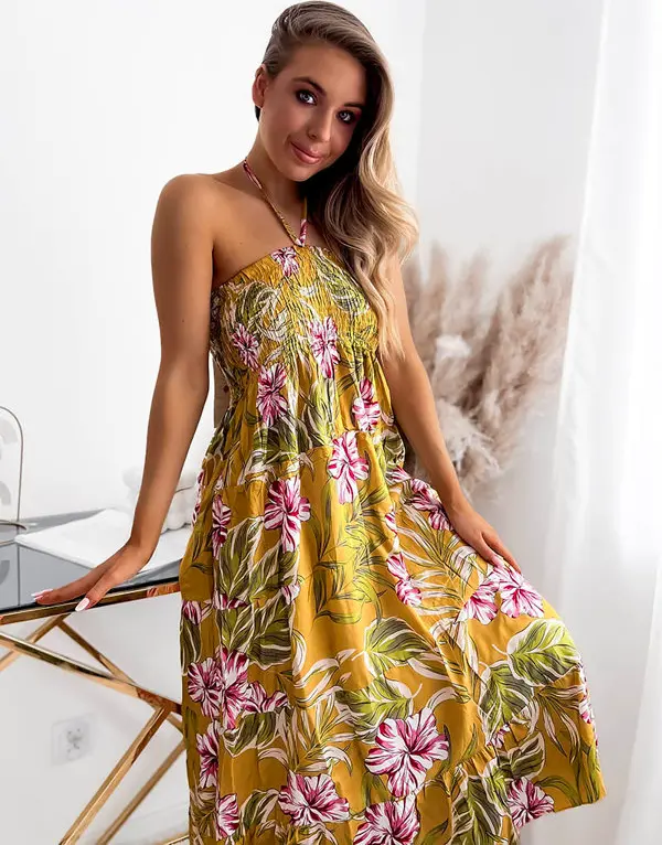 Resti Resti Yellow women's midi dress with floral pattern - Clothing