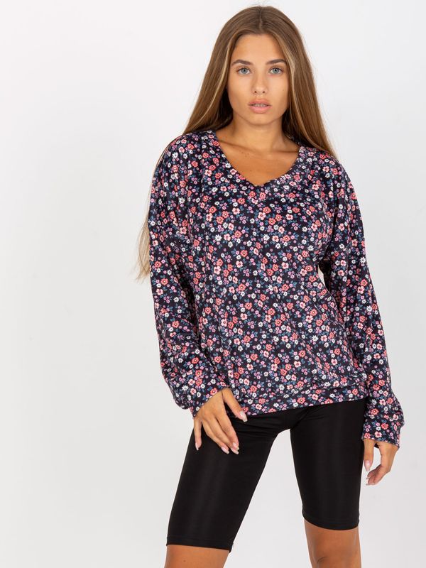 Fashionhunters RUE PARIS Dark blue velour blouse with V-neck