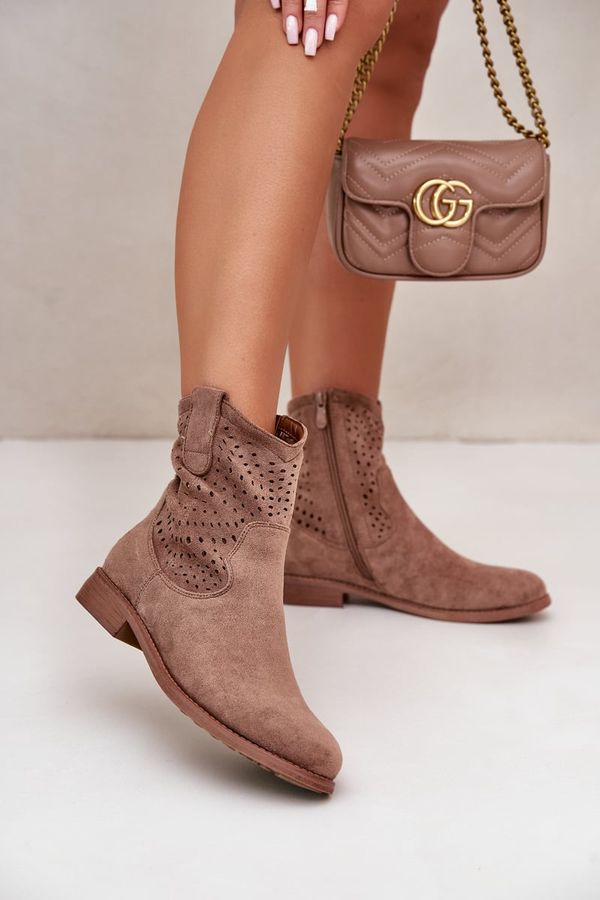 S. BARSKI S. BARSKI Дамски перфорирани боти на плосък ток кафяви S.Barski