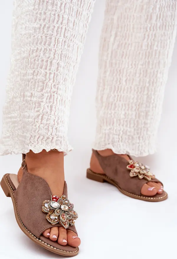 S. BARSKI S. BARSKI Дамски Сандали На Плосък Ток С Декорация S.Barski KV27-001 Тъмен Бежов