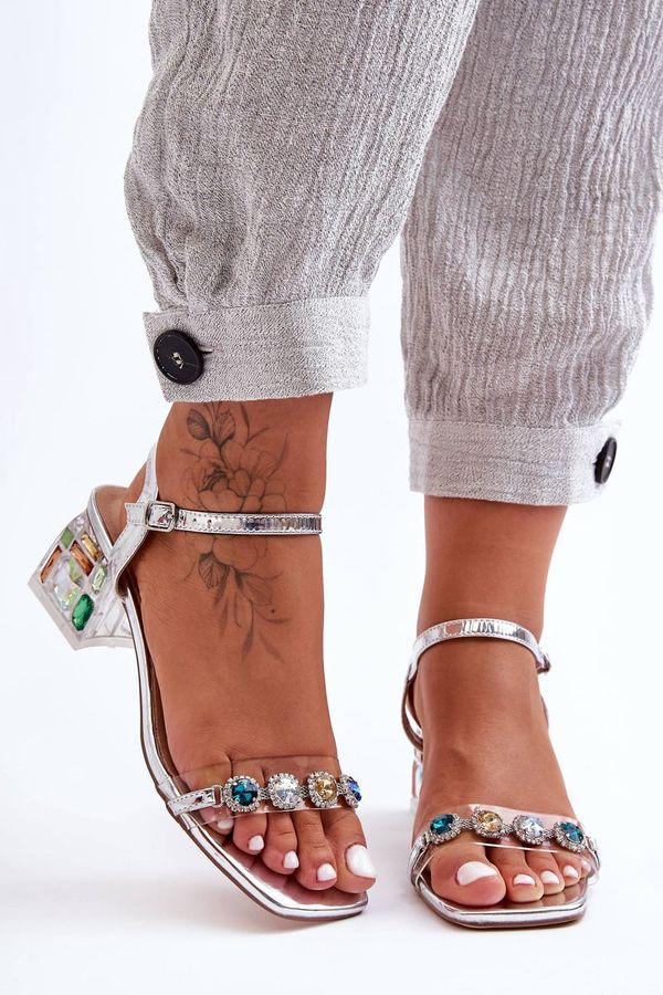 S. BARSKI S. BARSKI Дамски сандали на ток с кристали Сребърни SBarski