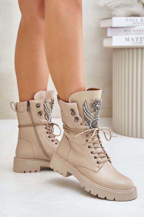 S. BARSKI S. BARSKI Еко Кожени Боти Уоркери С Декорация Топли D&A Бежови