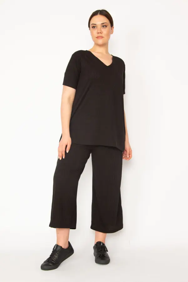 Şans Şans Women's Black Camisole Knitted Elastic Waist Wide Leg Trousers V-Neck Blouse Suit