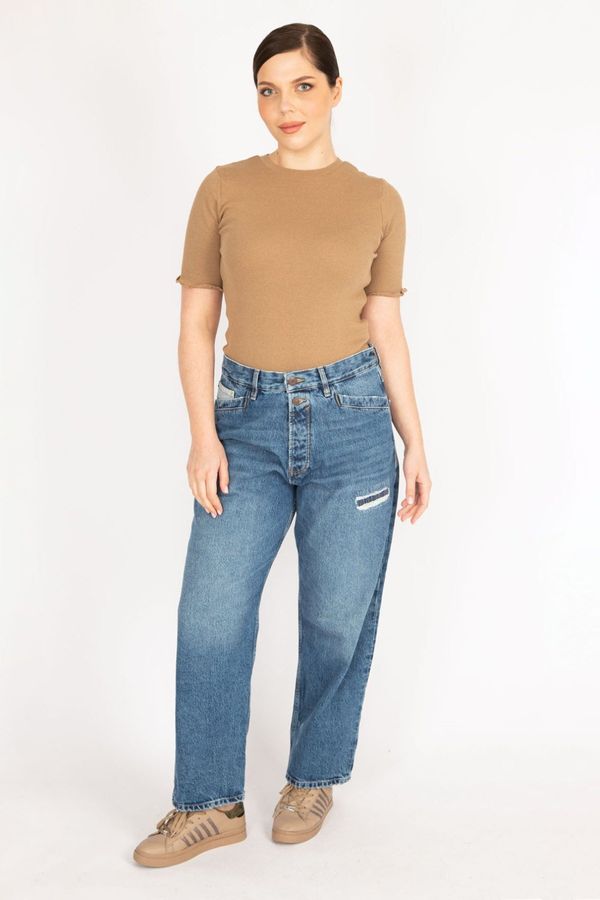 Şans Şans Women's Blue Plus Size Ripped Detailed High Waist Front Buttoned Jeans