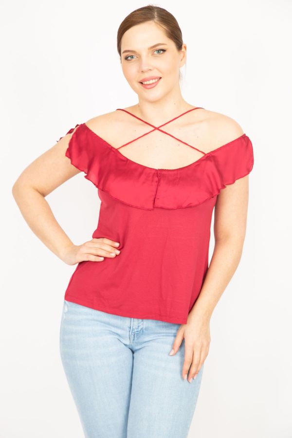 Şans Şans Women's Burgundy Plus Size Cross-Strap Collar Flounce Blouse