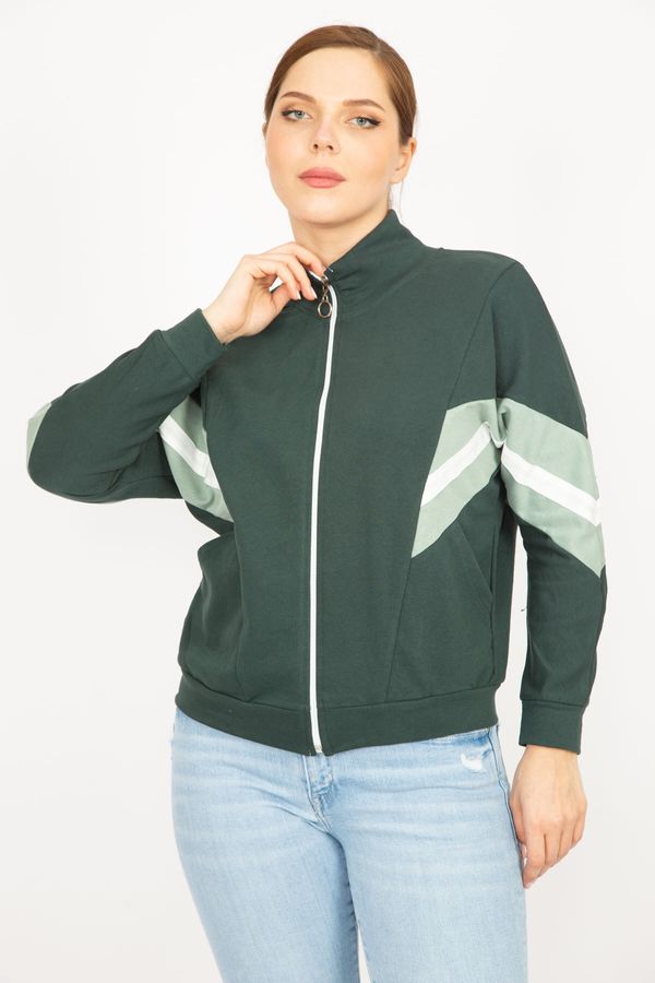 Şans Şans Women's Colorful Plus Size 2 Thread Fabric Front Zipper And Stripe Detailed Sweatshirt