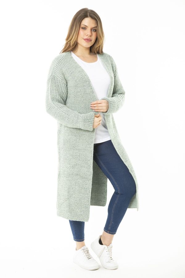 Şans Şans Women's Large Size Green Slit Thick Knitwear Long Cardigan