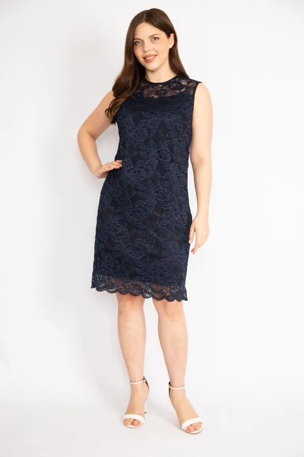 Şans Şans Women's Navy Plus Size Back Hidden Zipper Lined Lace Dress