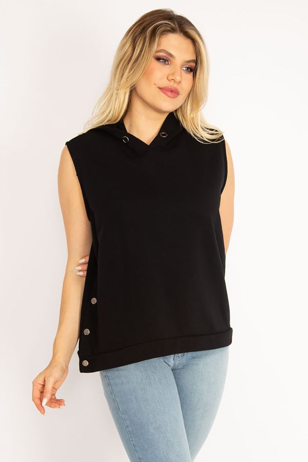 Şans Şans Women's Plus Size Black Black Sleeveless Sweatshirt with Slits, Hooded