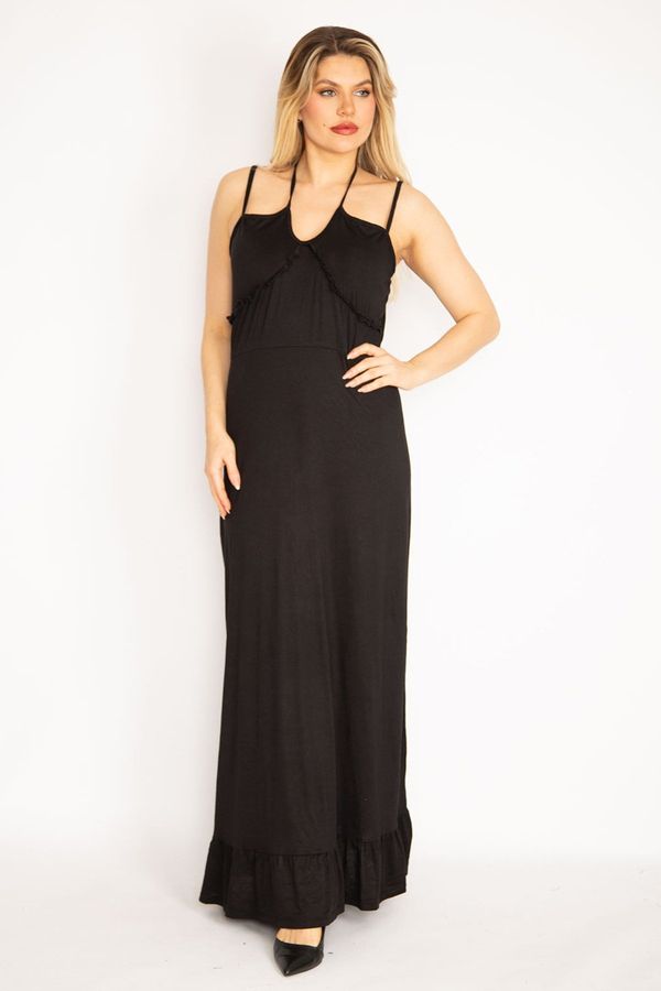 Şans Şans Women's Plus Size Black Long Dress With Straps And Frill Detailed Collar, Layered Hem